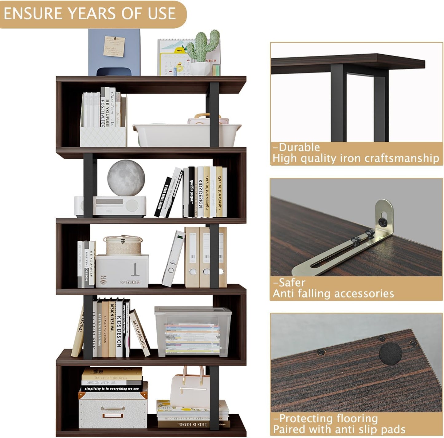 SORCEDAS Bookshelf Geometric Bookcase S Shaped Industrial Bookshelf Storage Display Stand Shelf for Living Room Bedroom and Office Room (Black, 5 Tier)