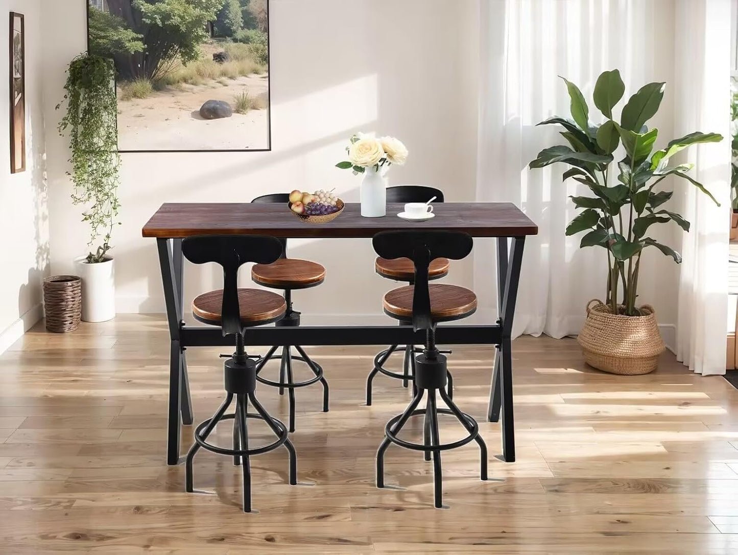 Bar Table, 63"L×41.33"H Bar Height Pub Table High Top Rectangular Sofa Console Table Kitchen Dining Coffee Table, for Narrow Space, Living Room, Indoor, Rustic Brown Wood, Industrial Black Metal