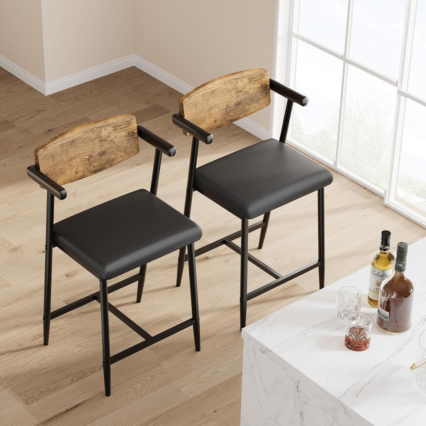 GarveeHome Counter Height Bar Stools Set of 2 with Arms, 26" Upholstered Modern Bar Stools Set with Wood Back & Footrest for Kitchen Island, Counter Bar, Wider Seat, Easy Assembly, Retro Brown