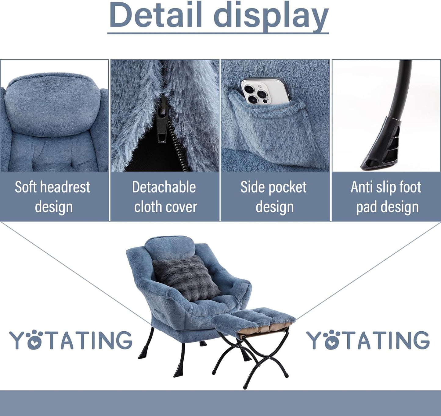 Lazy Chair with Ottoman, Comfy Reading Chair with Footstool & Throw Pillow Modern Lounge Accent Chair with Armrests & Side Pocket for Living Room, Bedroom, Dorm Room, Office