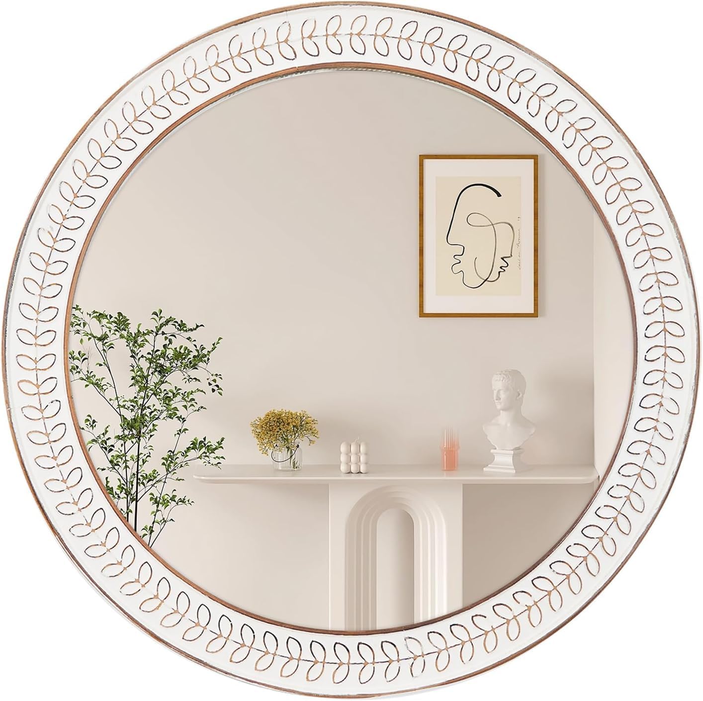 24 inch Round Rustic Wooden Mirrors, Distressed Circle Mirror for Bathroom, Bedroom, Living Room, Entryway, Fireplace, Hall