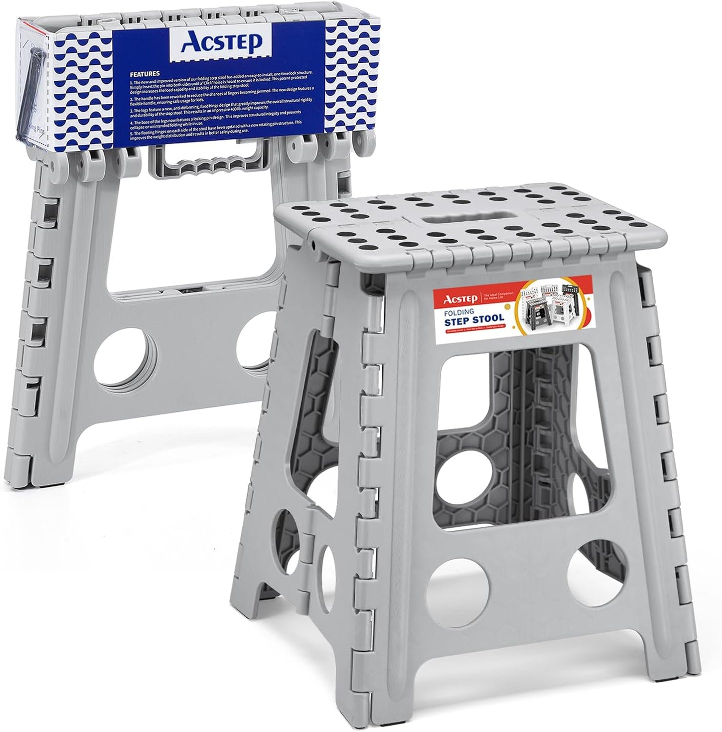 ACSTEP Folding Step Stool 16 Inch Heavy Duty Step Stool Foldable for Adults and Kids, Collapsible Stepping Stool with Handle, Non Slip Folding Stools for Kitchen Hold Up to 400lbs (Grey 1PC)