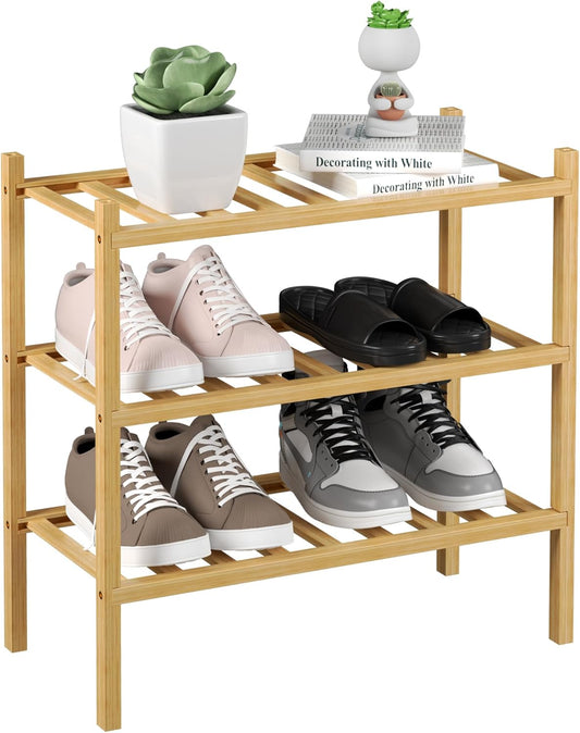 3-Tier Bamboo Small Shoe Rack, Free Standing Wood Shoe Shelf Storage Organizer for Closet Entryway Stackable (Natural)