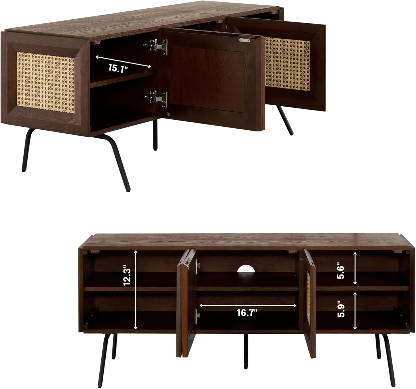 NTC Mossic TV Media Cabinet with 3 Doors for TVs, Entertainment Center with Natural Rattan, Metal Legs, Modern Storage Console for Living Room and Bedroom, Effortless Assembly, Dark Walnut