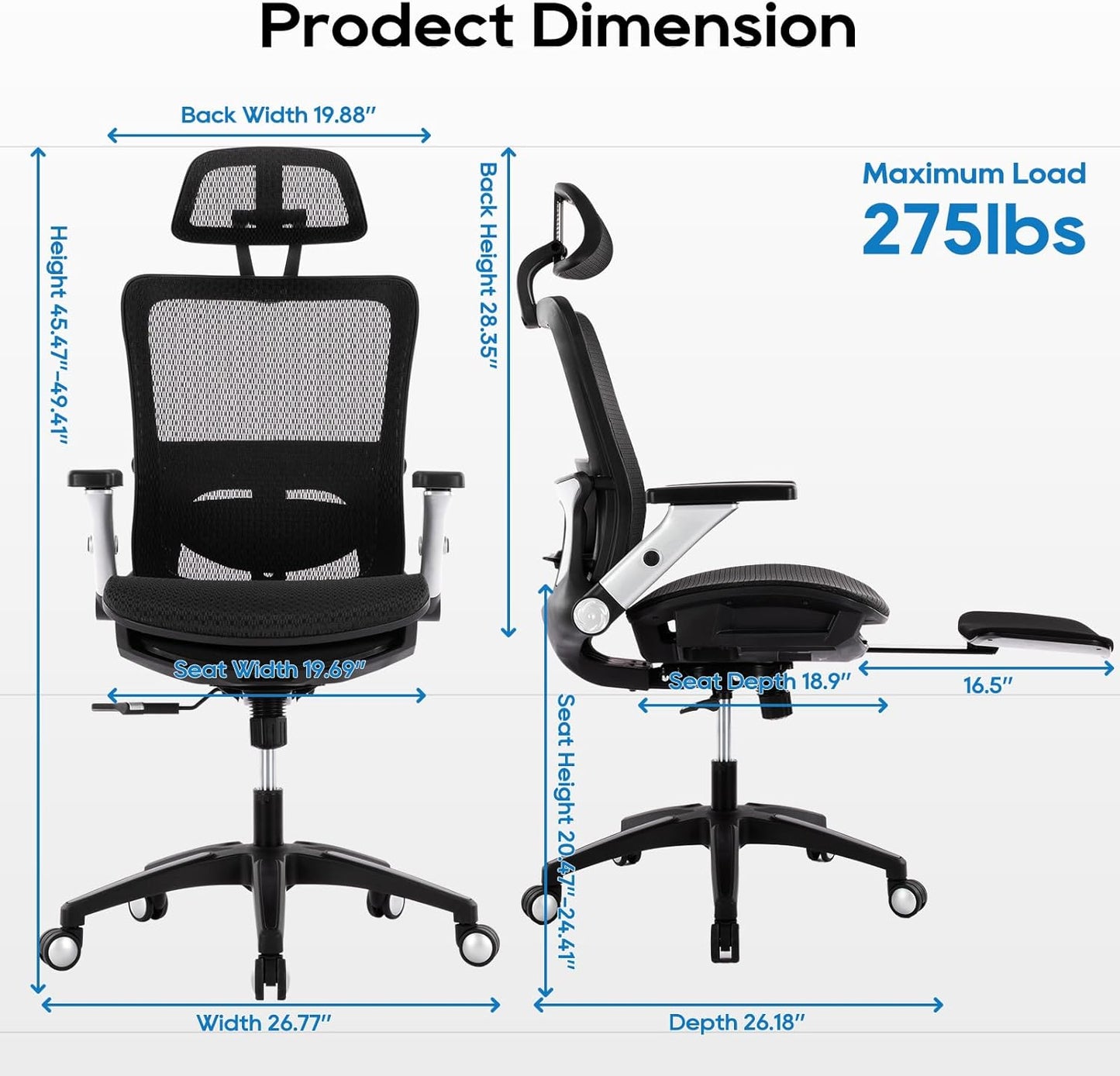 COLAMY Ergonomic Office Chair with Footrest, High Back Mesh Desk Chair with Adjustable Lumbar Support, 3D Armrests, Headrest, Recline Function, Rolling Swivel Task Chair for Home Office (Graphite)