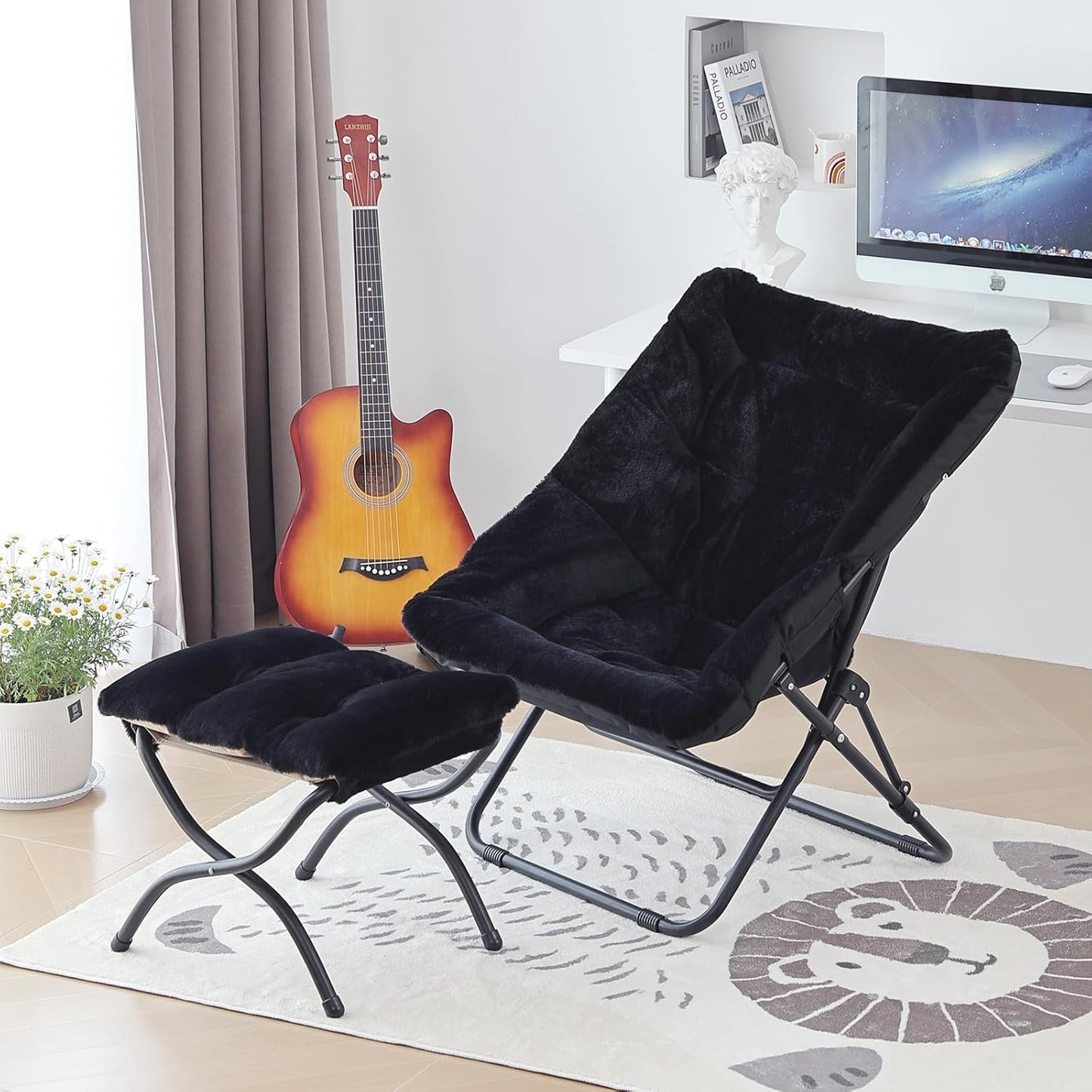 Comfy Folded Chair with Ottoman, Oversized Folding Faux Fur Chair Soft Furry Lounge Lazy Chair with Metal Frame Moon Chair Accent Chair for Bedroom, Living Room, Dorm Rooms