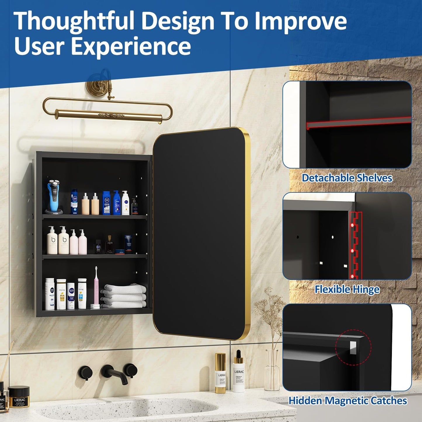 20x28 Inch Gold Recessed Medicine Cabinet with Mirror Metal Framed Surface Wall Mounted Bathroom Medicine Cabinet Mirror with Storage