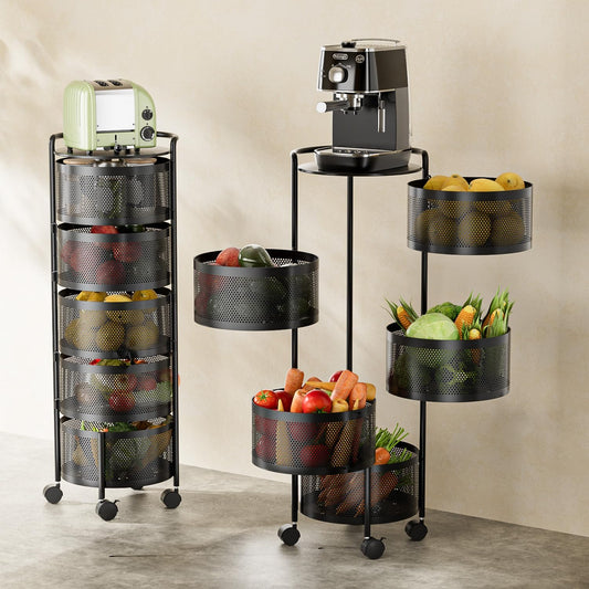 JAQ Rotating Fruit Basket, 5-Tier Metal Sturdy Kitchen Storage Rack Shelf Carts No Assembly on Rolling Wheels for Fruit Vegetable Grocery Corns Potato Onion (5-Tier, Black)