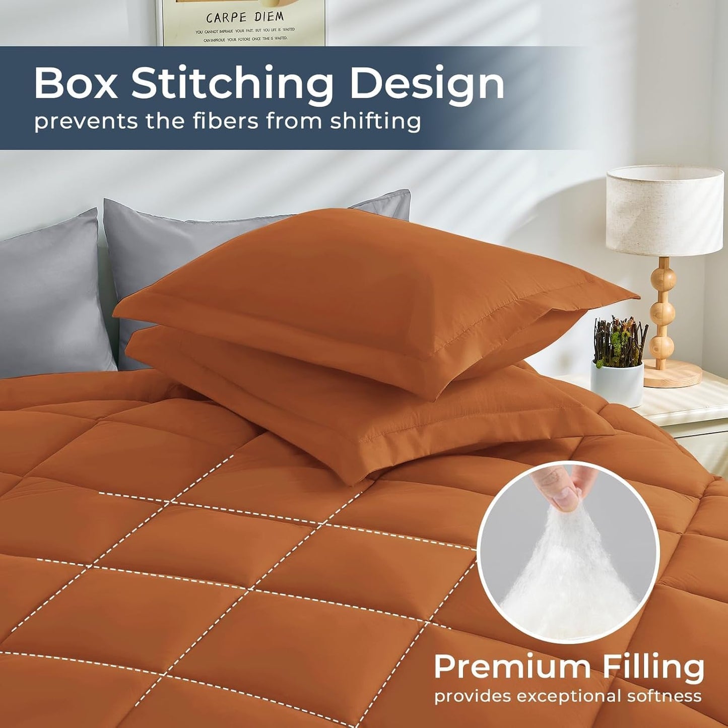 HEVUMYI Twin Comforter Set - 5-Piece All Season Bed in a Bag Twin, Ultra Soft Bedding Set with Comforter, Flat Sheet, Fitted Sheet, Pillowcases, Pillow Shams, Orange & Light Grey