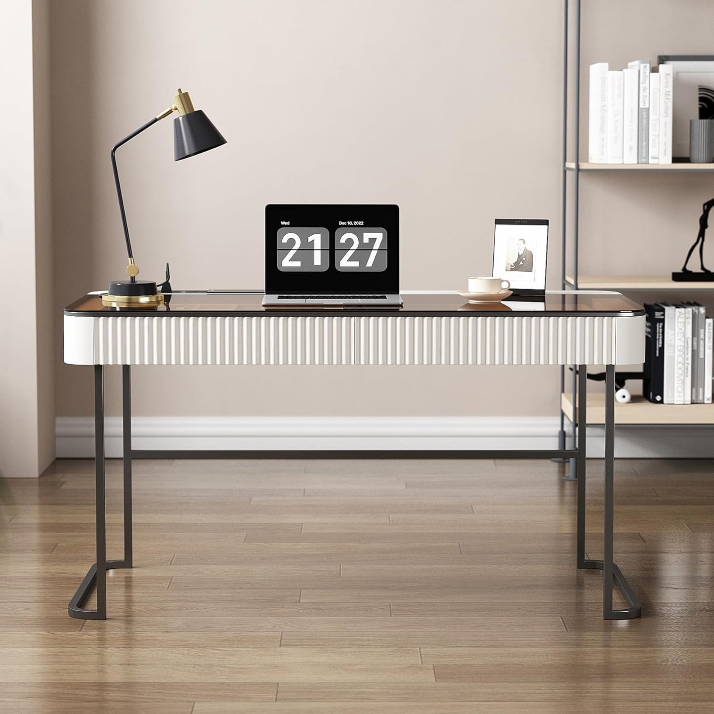Lartis Office Desk with Drawer - Writing Desk with Intelligent Socket Computer Desk with USB Port Compartmentalized Storage for Home Office Working Gaming