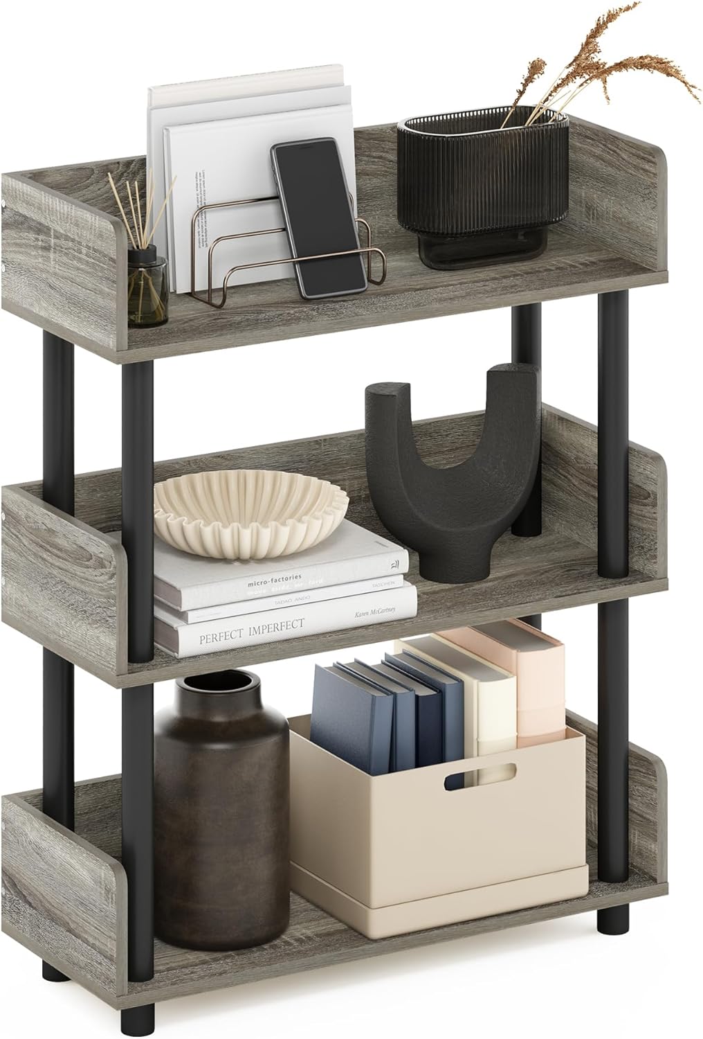 Furinno Turn-N-Tube 3-Tier Multipurposes Display Rack, Open Shelf Rack/Storage with Back & Side Panel, French Oak/Black