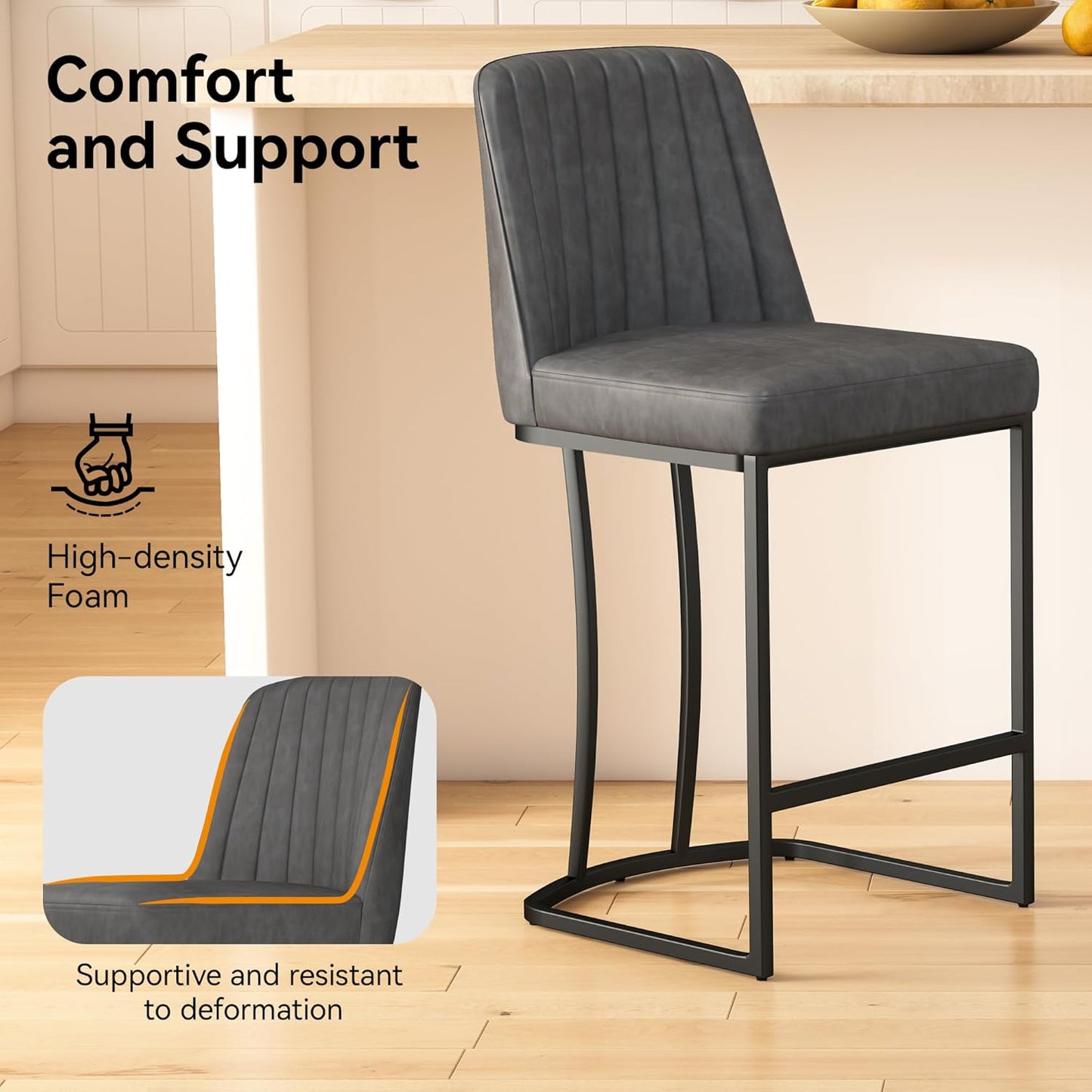 Counter Height Bar Stools Set of 2, Upholstered Leather Barrel Barstools with Back and Metal Legs for Kitchen Island, 27.4" Seat Height, Fabric in Faux Leather, Rustic Grey