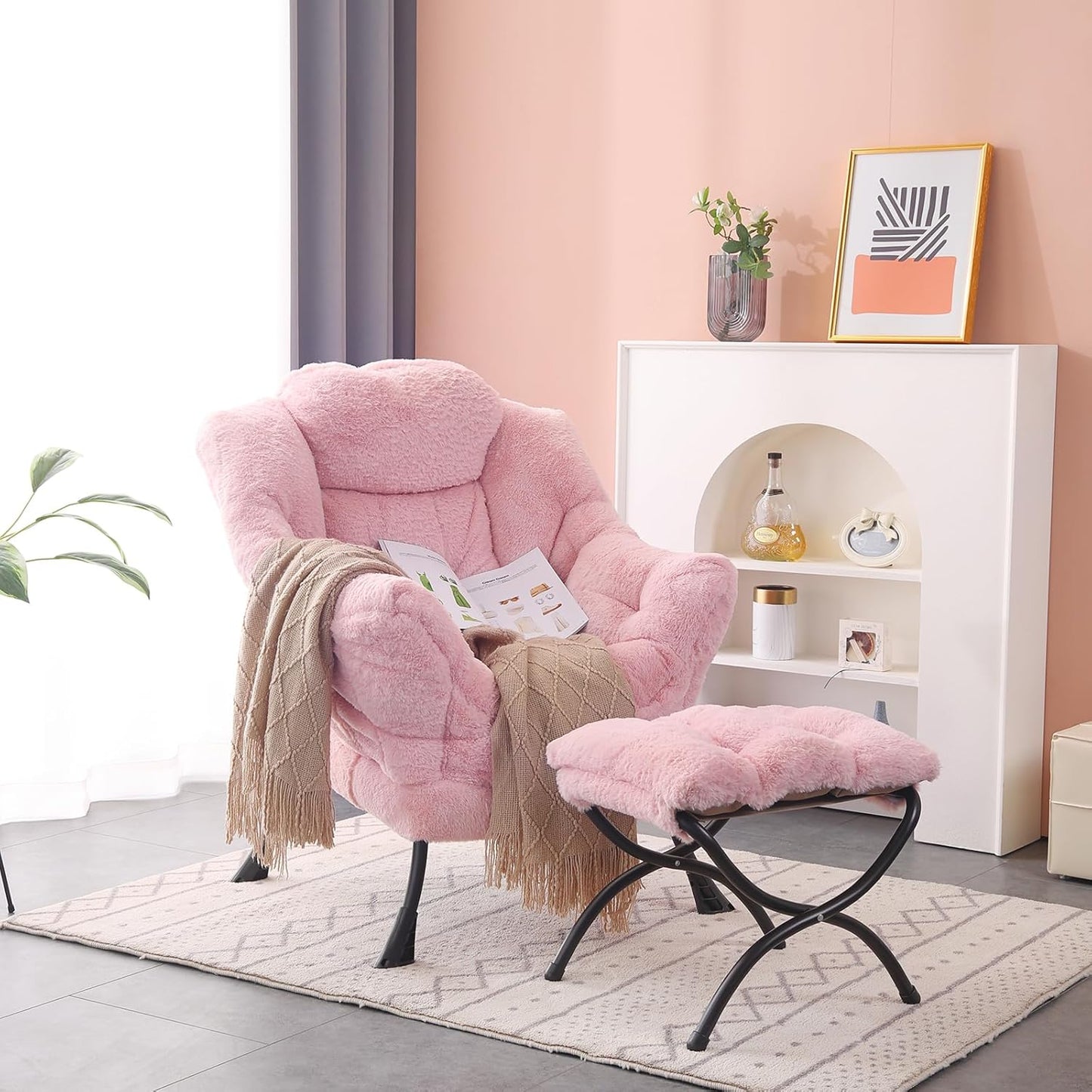 Lazy Chair with Ottoman, Modern Accent Chair Lounge Leisure Sofa Chair with Armrests, Reading Chair and Folding Footstool for Living Room, Bedroom, Office, Plush Pink