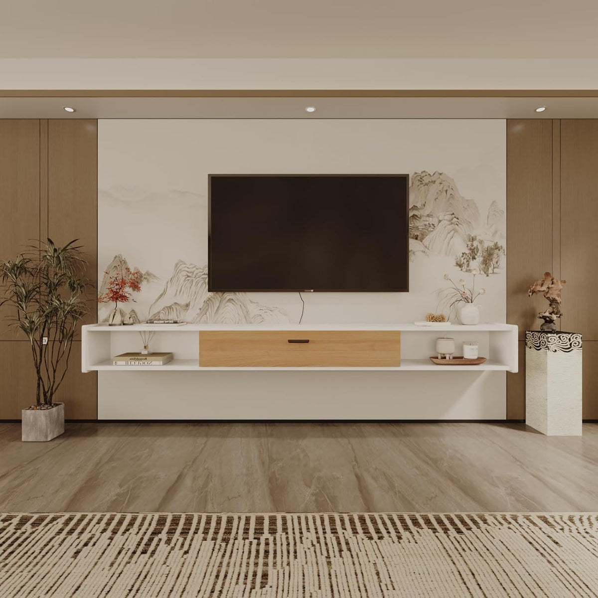 55'' Floating TV Stand,Wall Mounted TV Console,Floating TV Cabinet,Under TV Shelf for Bedroom Living Room(White)
