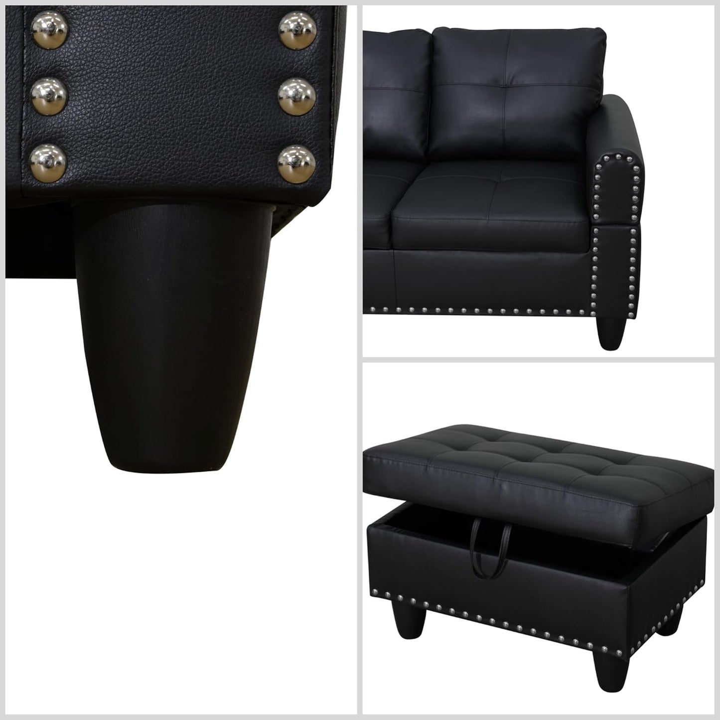 L Shaped Sectional Couches for Living Room, Modular 4 Seat Sofa with Ottoman Storage, Modern Couch with Chaise for Bedroom Apartment Furniture, Black