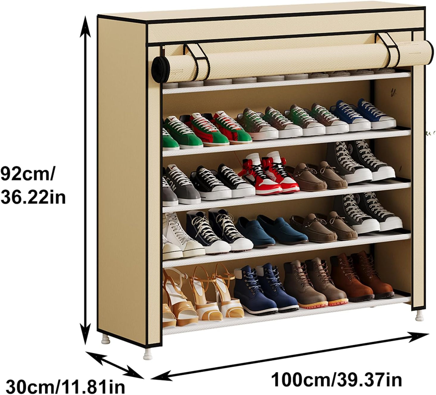 Calmootey 5 Tier Shoe Rack Organizer to Hold 25 Pairs, Portable Shoe Shelf with Nonwoven Fabric Cover for Closet Hallway, Bedroom, Entryway, Beige