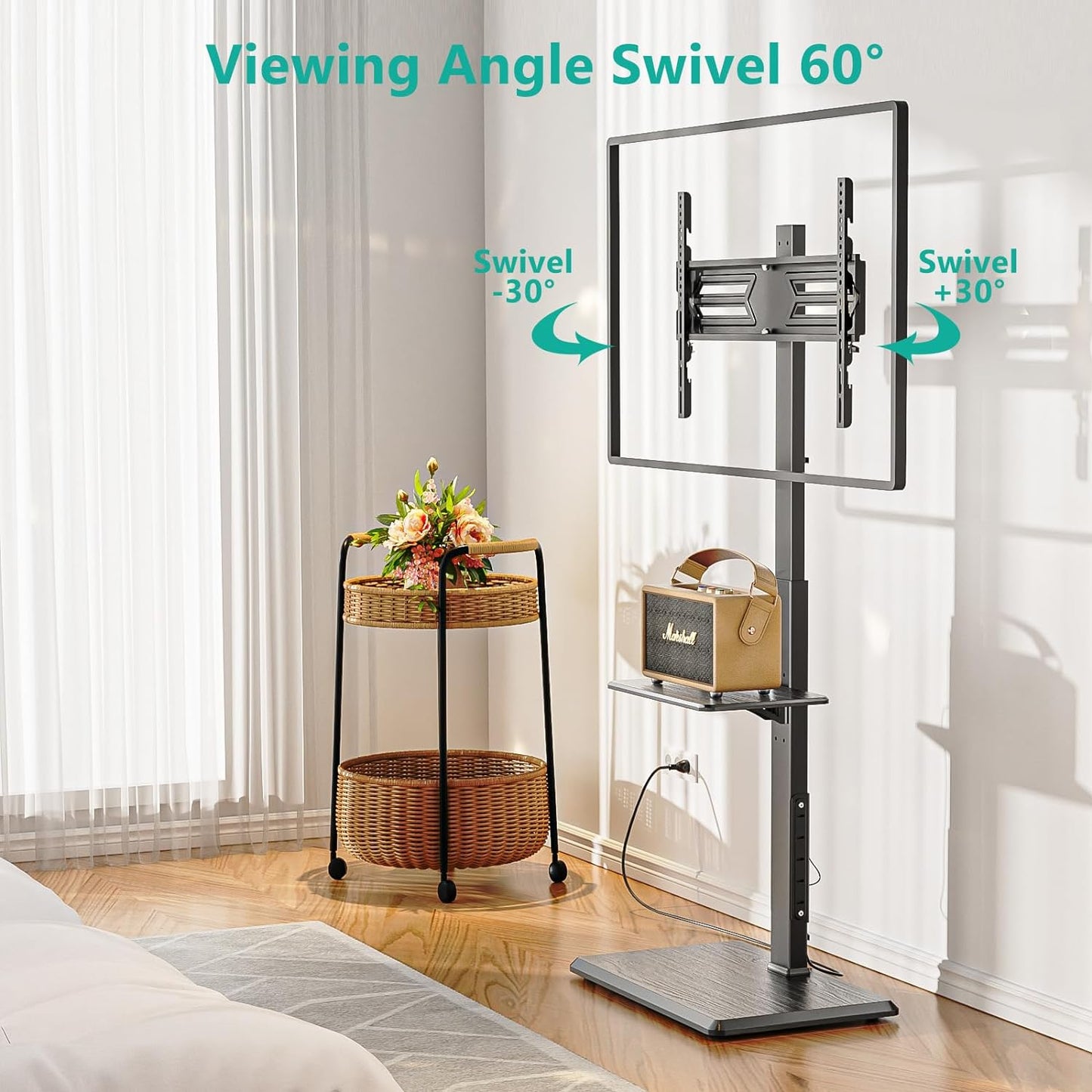 WALI Floor TV Stand with Power Outlet & AV Shelf, Tall TV Stand Mount for 32-75 inch TV up to 110 lbs, Swivel and Height Adjustable TV Stands with Wood Base for Bedroom, Office(TVDVD-6P), Black