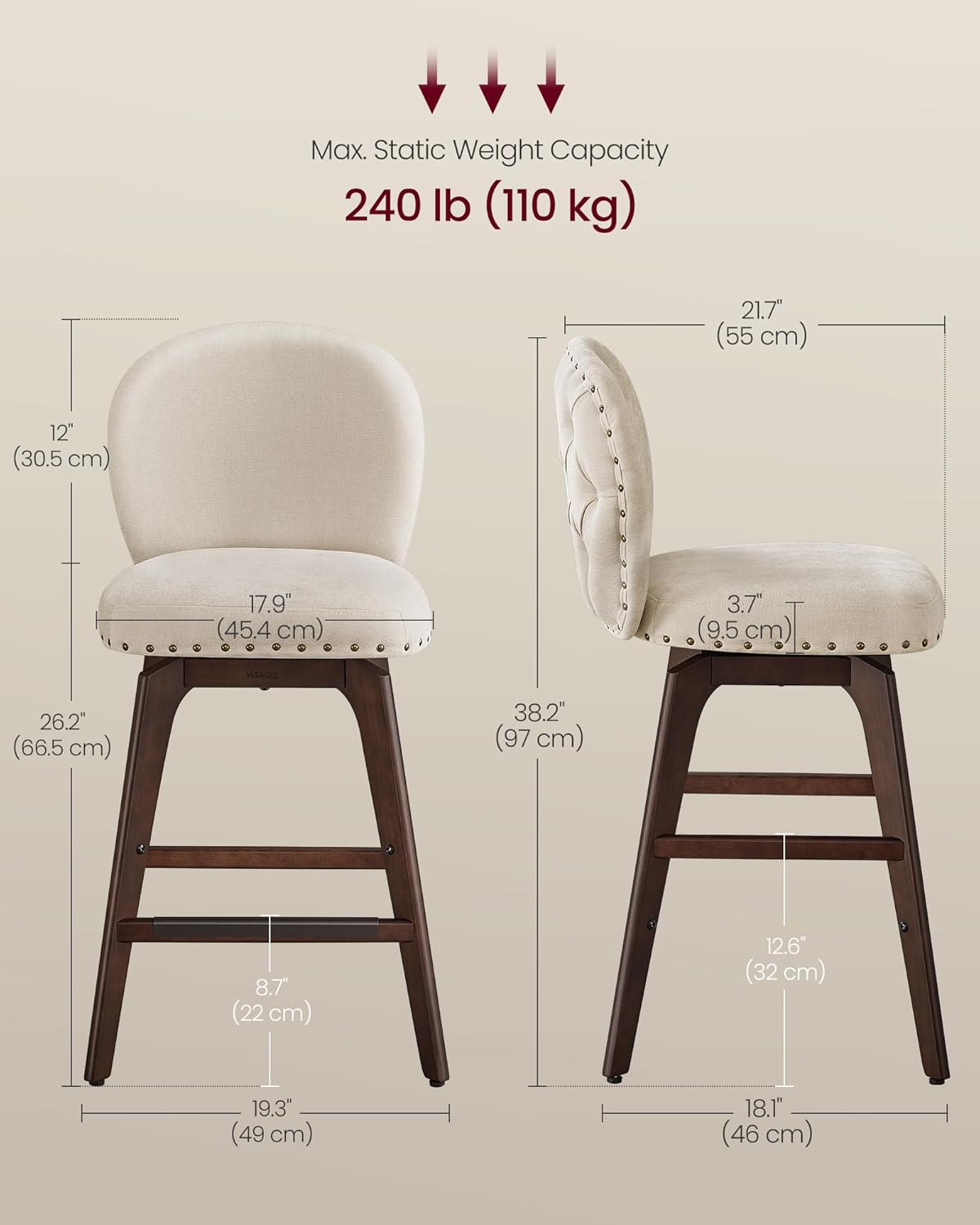 VASAGLE Bar Stools Set of 4, Swivel Counter Height Bar Stools with Back and Wood Legs, Chenille Fabric Upholstered Barstools, 26.2-Inch Tall Counter Barstools for Kitchen Island, Cappuccino Beige