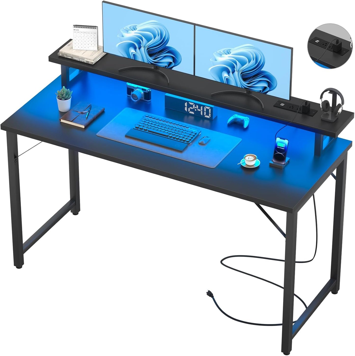 Computer Desk with USB Power Outlets and LED Lights,55 inch Gaming Desk with Monitor Stand for Small Space Home Office, Modern Simple Study Writing Table PC Desks, Black