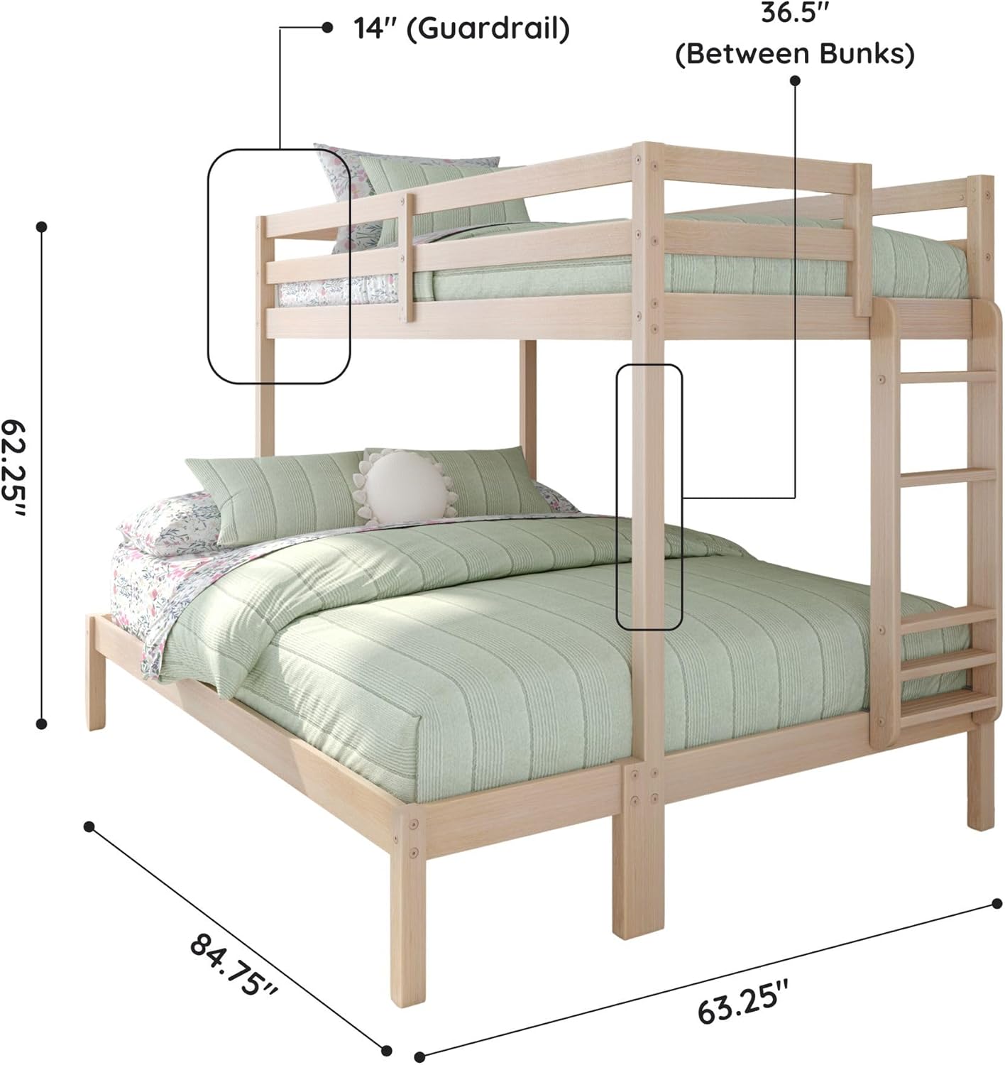 Grain & Grove Bear Twin XL Over Queen Bunk Bed, Sturdy Bunk Bed Frame for Kids, Plywood Bunk with Ladder, Guardrail, and Slats, No Box Spring Required, Oak Embossed Natural