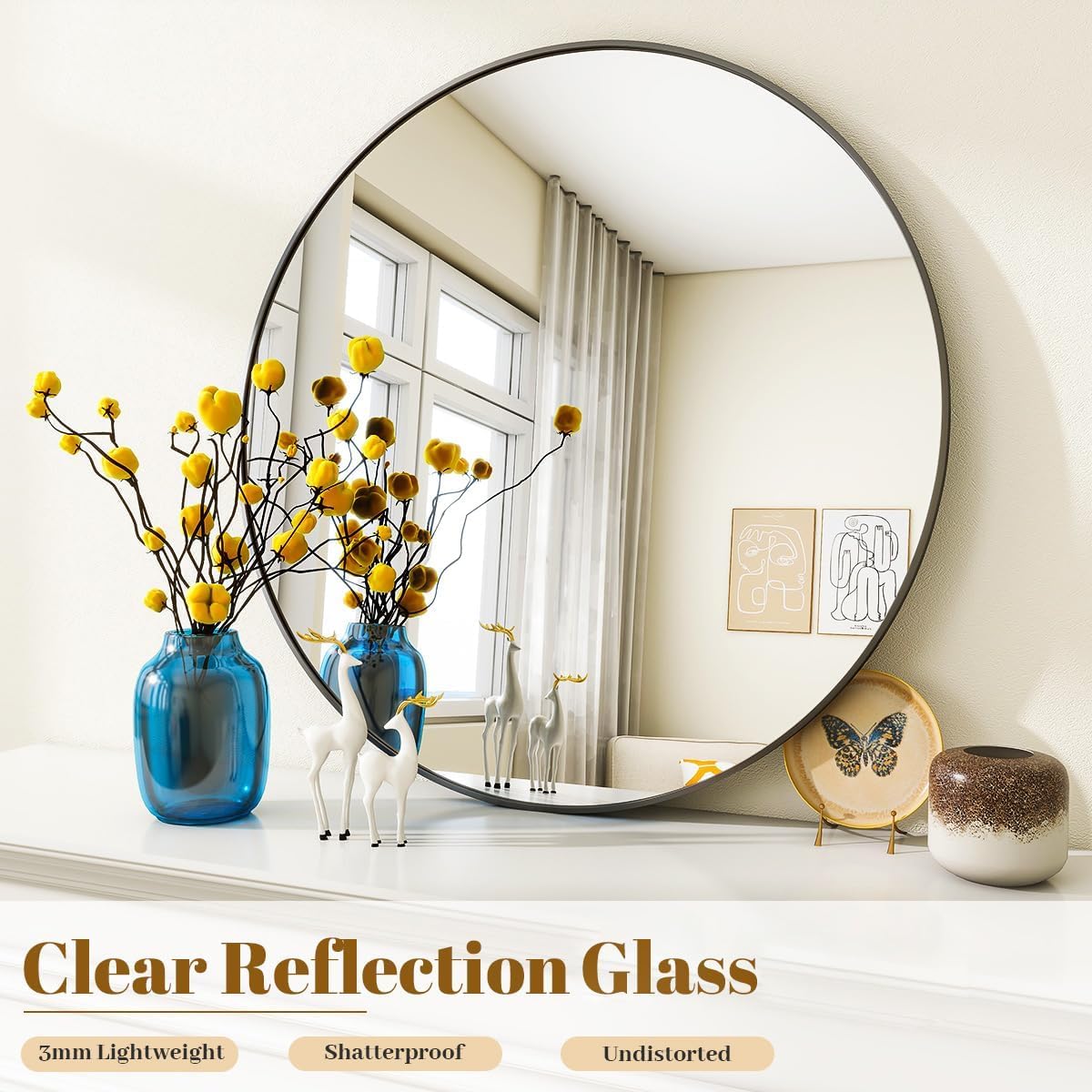 Black Round Bathroom Mirror, 30 inch Circle Wall Mounted Hanging Mirror with Simple Modern Circular Metal Frame for Hallway, Entryway, Living Room, Black Frame