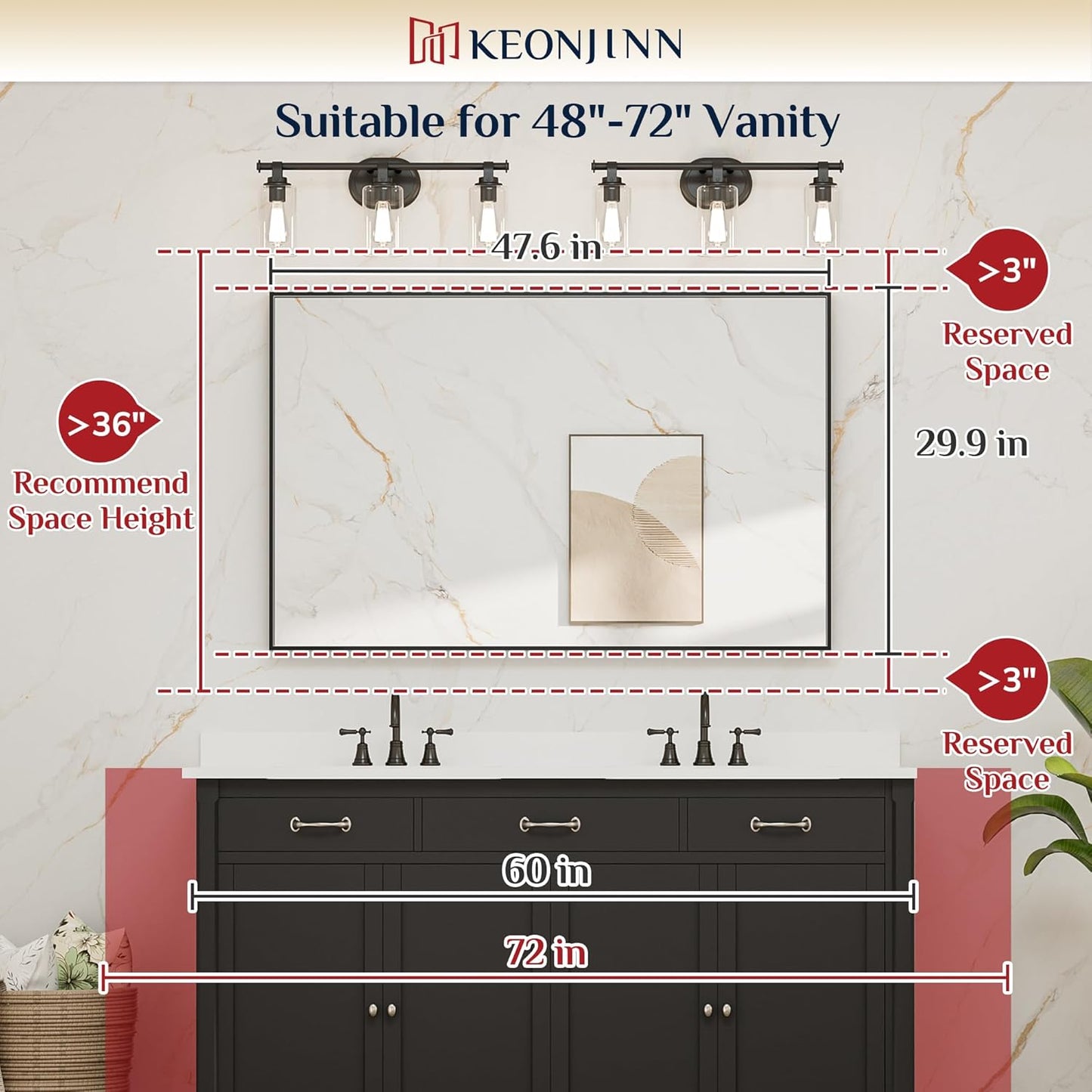Keonjinn Gold Bathroom Mirror 48 x 30 Inch Gold Trimmed Bathroom Wall Mirror Large Brushed Metal Frame Mirror for Over Sink, Modern Farmhouse Vanity Rectangle Mirror(Horizontal/Vertical)