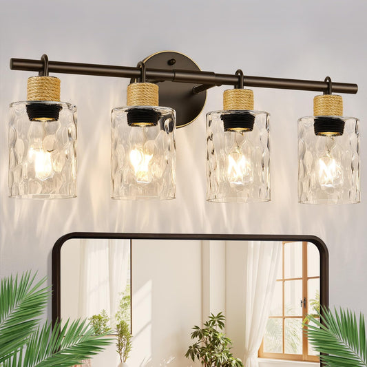 2025 Upgrade Bathroom Light Fixtures, 4-Light Coastal Vanity Lights with Crystal Glass Shade, Oil-Rubbed Bronze Bathroom Wall Lamp for Mirror Kitchen Hallway Cabinet