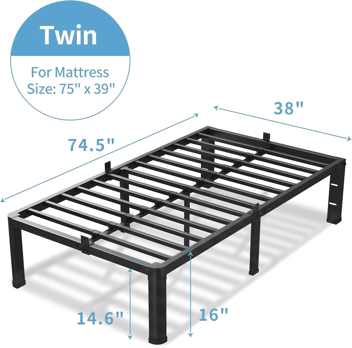 16 Inch Twin Size Bed Frame, 3500Lbs Heavy Duty Metal Platform with Round Corner Legs Mattress Slide Stopper, Steel Slat Support No Box Spring Needed, Noise Free, Non-Slip, Easy Assembly