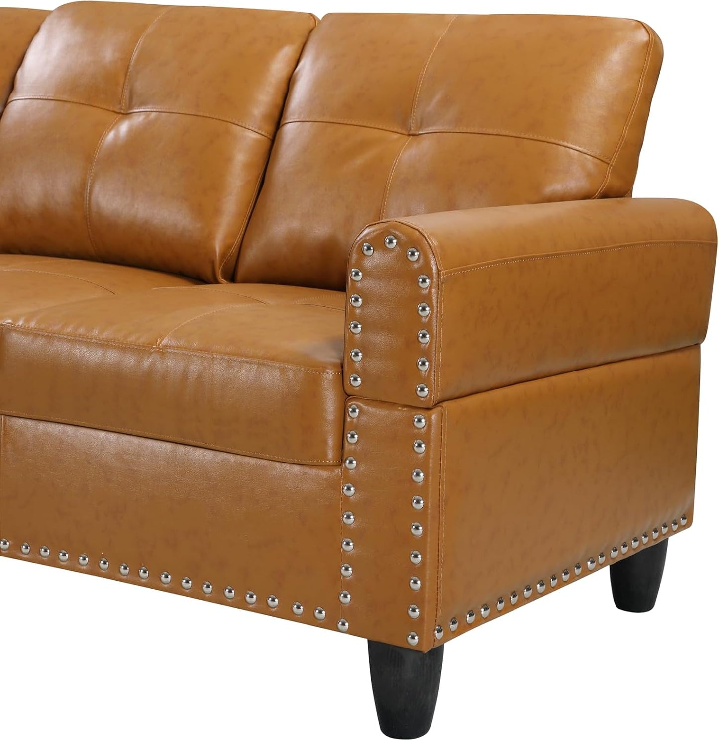 Ball & Cast 98" L Shaped Sectional Couch for Living Room with Chaise&Storage Ottoman,4 Seat Faux Leather Upholstered Modular Sectional Sofa Set 3 PCS W/Cup Holders&Coffee Table,for Home,Office,Ginger