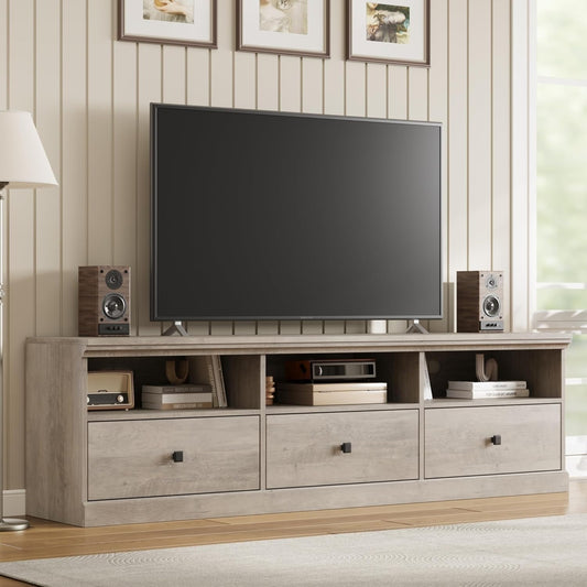 GarveeHome TV Stand for 65/70/75 Inch TV, Entertainment Center with Storage Drawer, Mid-Century Modern TV Console with Open Shelves, 70in Media TV Cabinet for Living Room, Bedroom, Gray