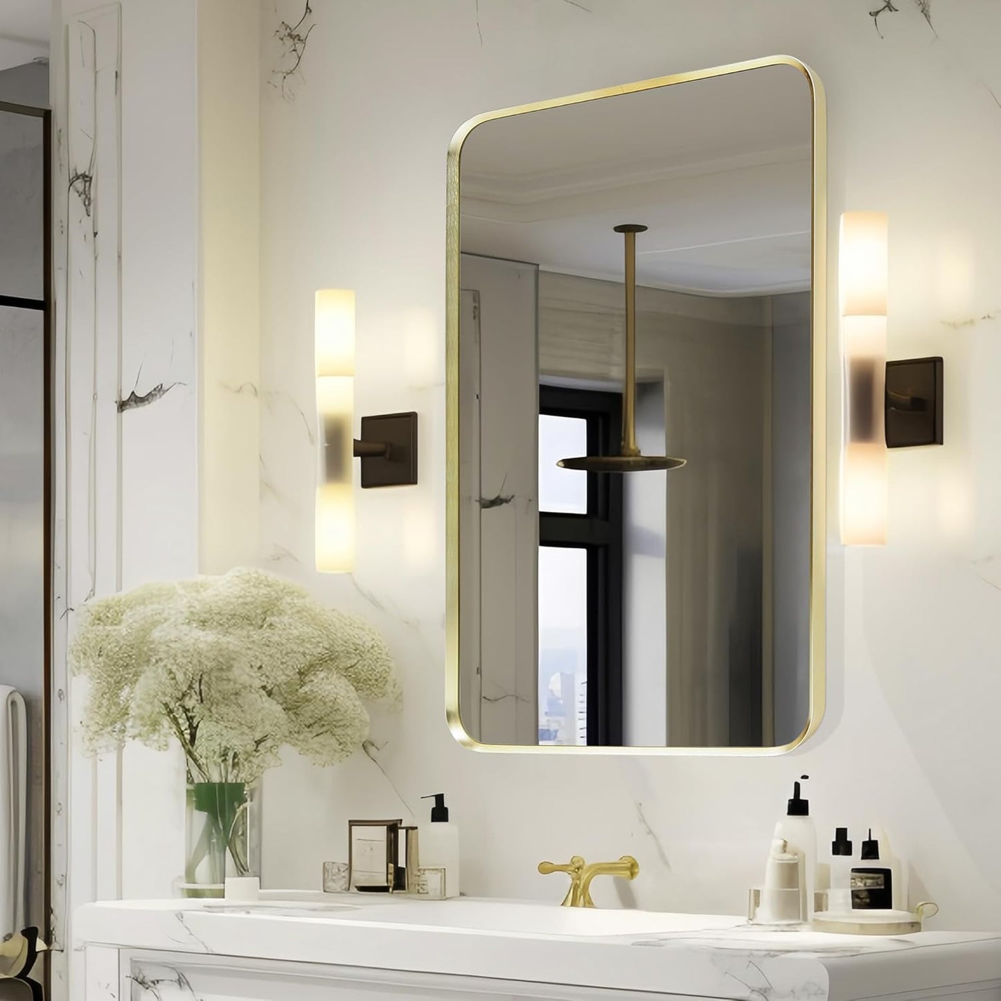 Wall Mount Mirror for Bathroom, Brushed Gold Metal Framed Rounded Corner Rectangular Vanity Mirror (24" x 36", Gold)