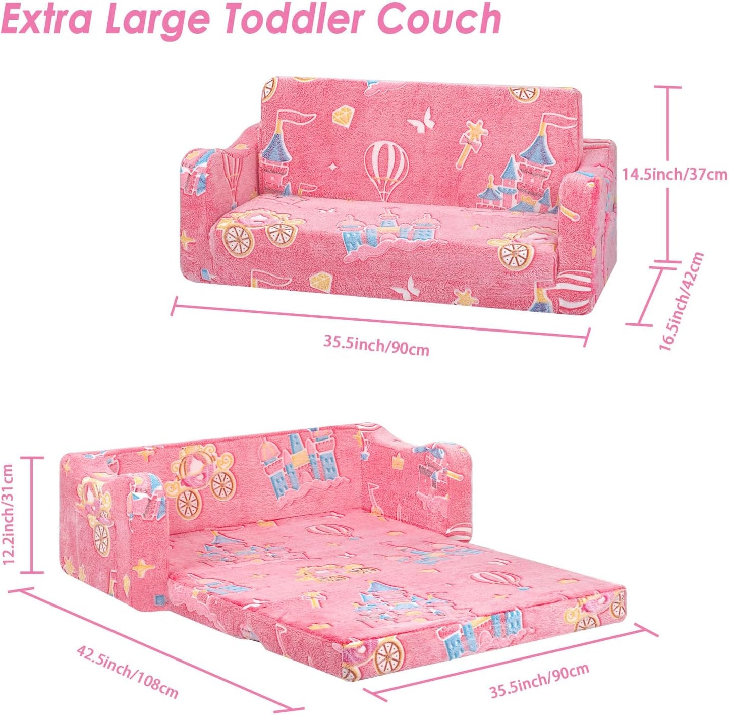 Kids Couch Extra Large,Glow in The Dark 2-in-1 Folding Kids Sofa Bed for Girls,2 Seats Convertible Sleeper Lounger Toddler Couch for Children Bedroom Playroom Nursery,Castle
