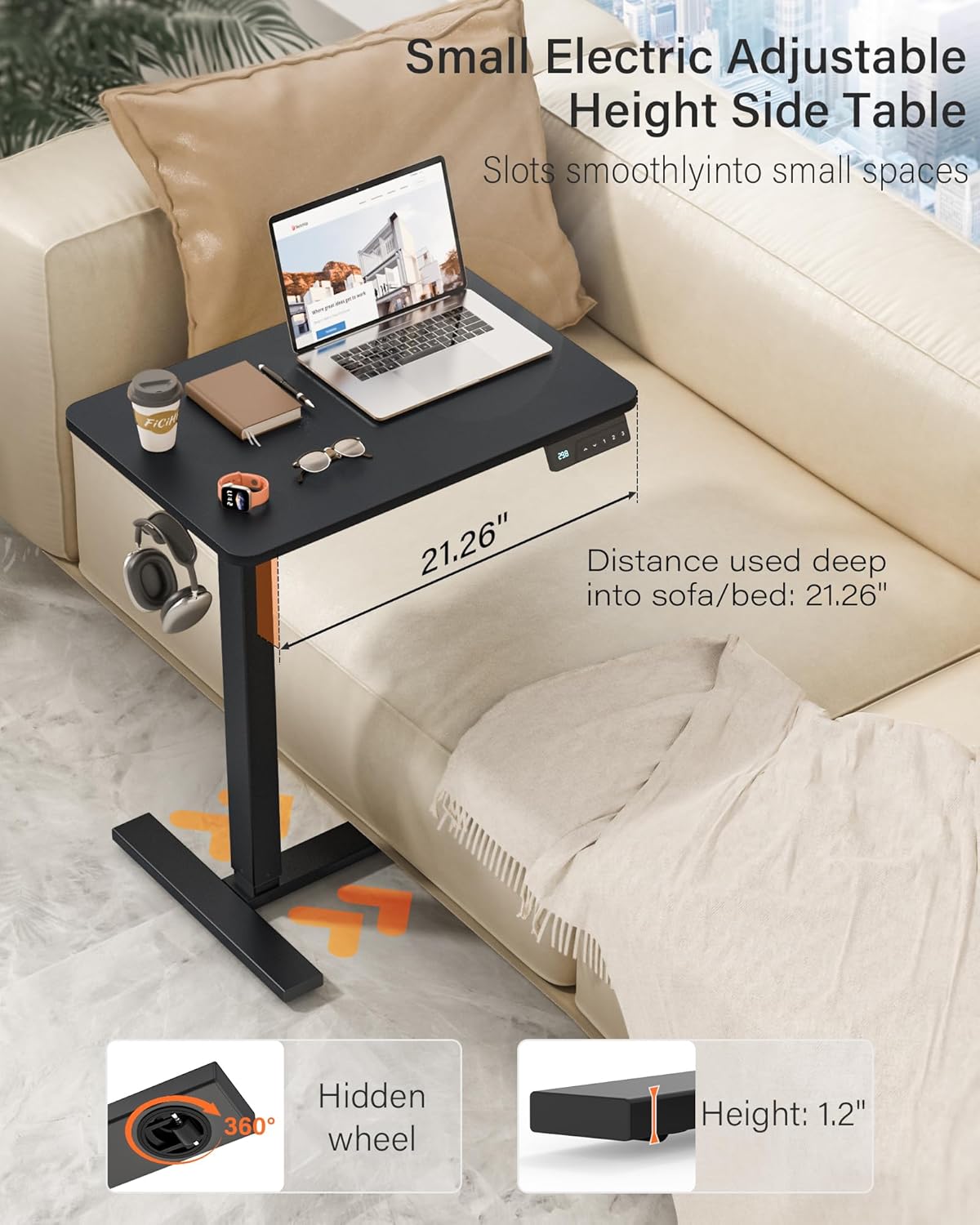 Small Mobile Standing Desk with Wheels, Electric Height Adjustable Portable Rolling Computer Cart, Movable Sit Stand Laptop Table for Sofa, Bedside, Home Office Workstation (27.6", Black)
