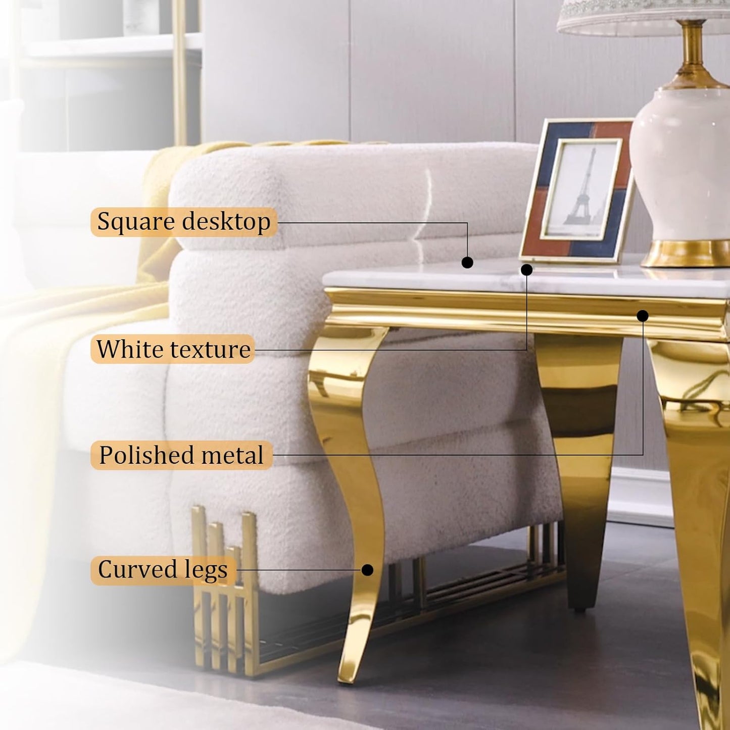 Gold End Table Set of 2, Modern White Living Room Side Table with Gold Metal Cabriole Legs, Square End Table for Sofa Couch, Living Room, Bedroom, Office