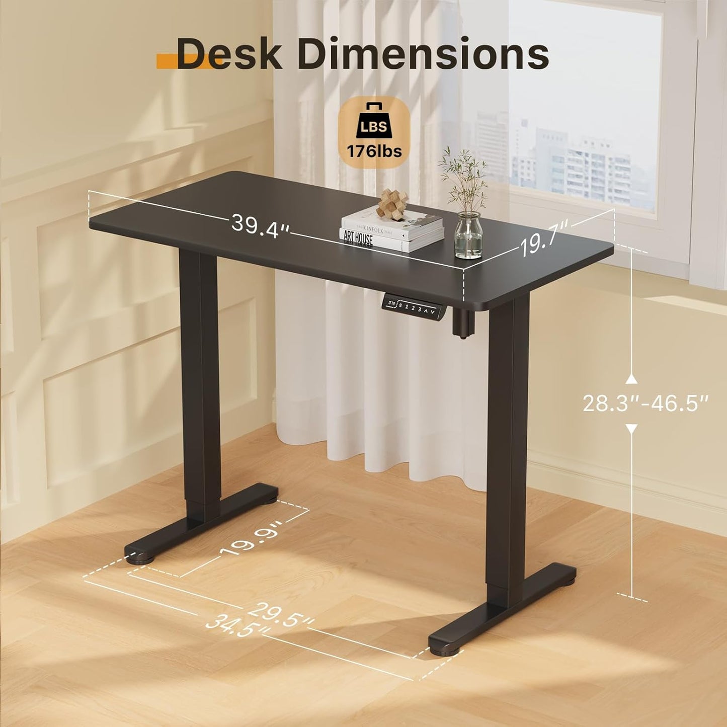 JOY worker Small Electric Standing Desk, 40" x 20" Whole Piece Height Adjustable Desk with Memory Controller, Black Sit to Stand Workstation for Home Office