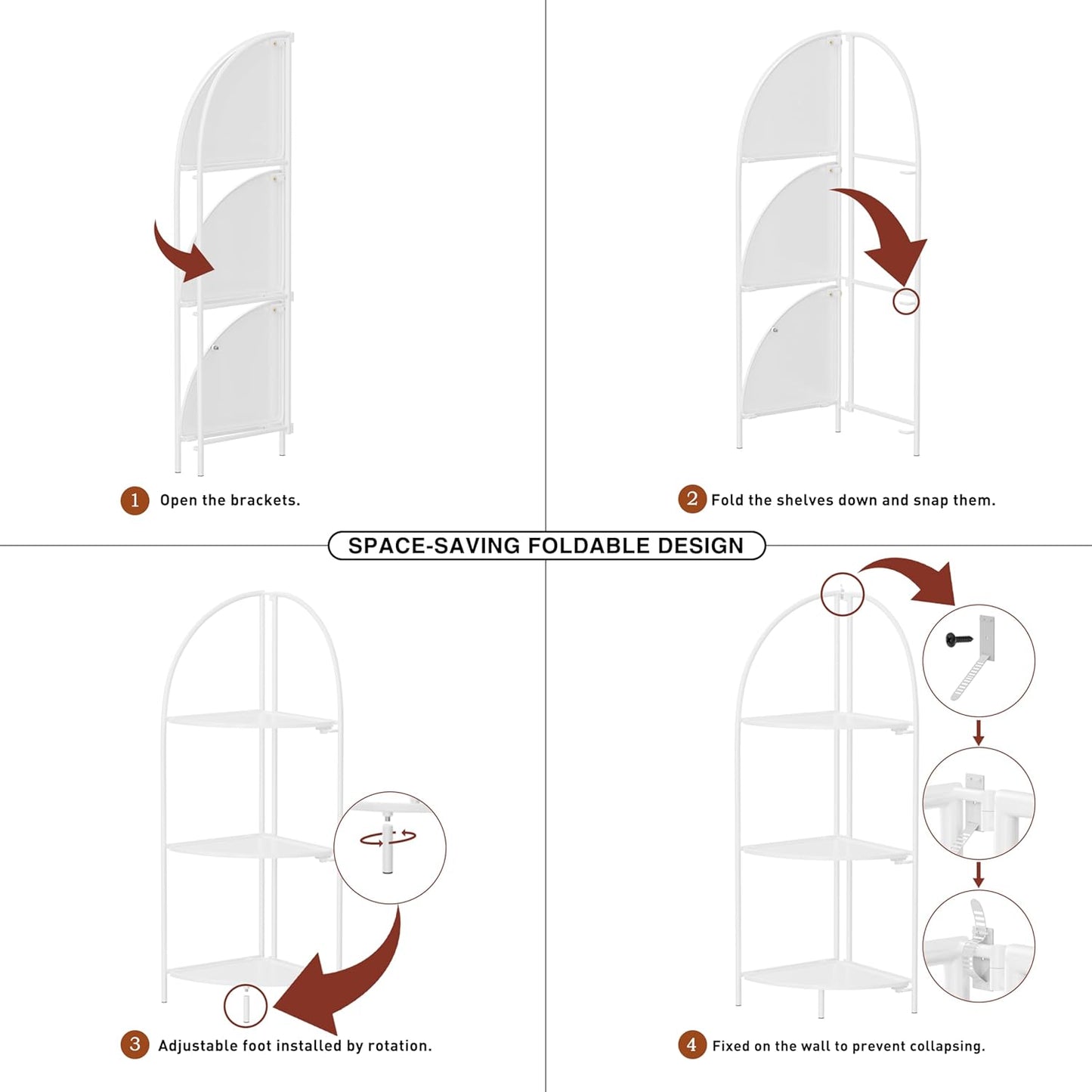 Crofy Foldable 3 Tier Corner Shelf, Metal Corner Plant Stand with White Frame and White Shelves, Corner Display Rack Multipurpose Shelving Unit for Living Room, Bedroom, Bathroom