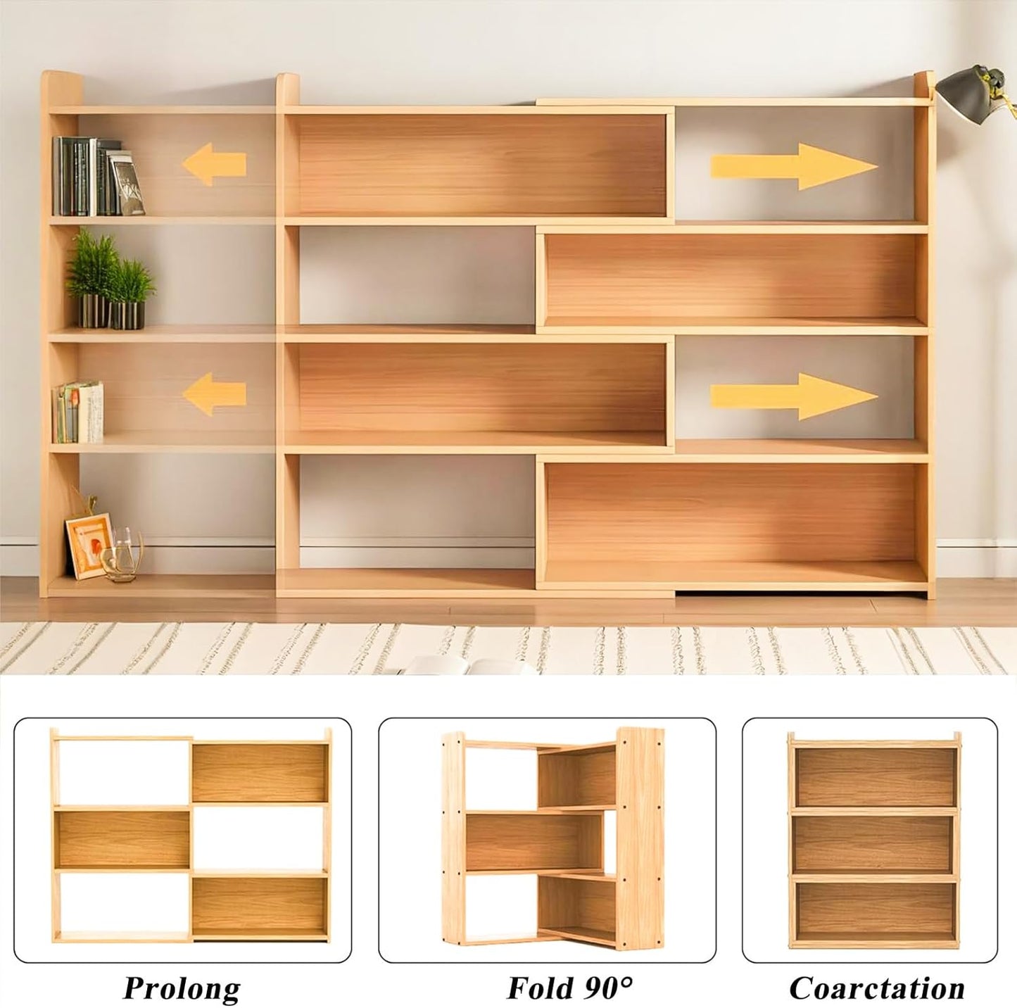 Wooden Extendable Bookcase,Open Low Bookshelf, 4-Shelf Storage Unit, Freestanding Bookcase for Small Spaces or Corners, Stylish Shelves for Living Room and Office (Wood Color, L)