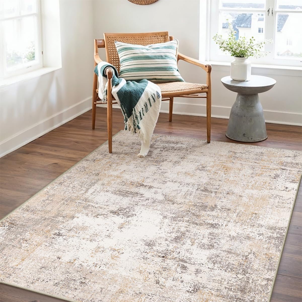 3x5 Washable Area Rug Beige Grey Neutral Abstract Entryway Kitchen Non Slip Low Pile Throw Rug Living Room Bedroom Indoor Doormat Small Soft Carpet for Entrance Bathroom