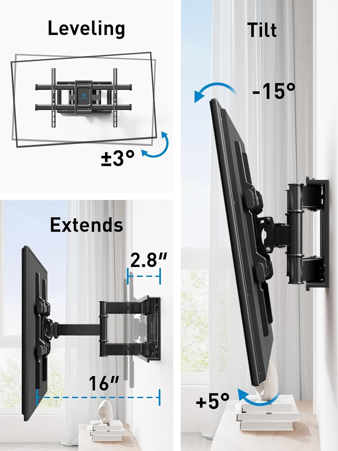 PERLESMITH Full Motion TV Wall Mount for Most 37-82 inch TVs up to 132 lbs, TV Mount with Dual Articulating Arms with Tilt and Extension, Fits 12" 16" Studs, Max VESA 600x400mm, PSLFK1