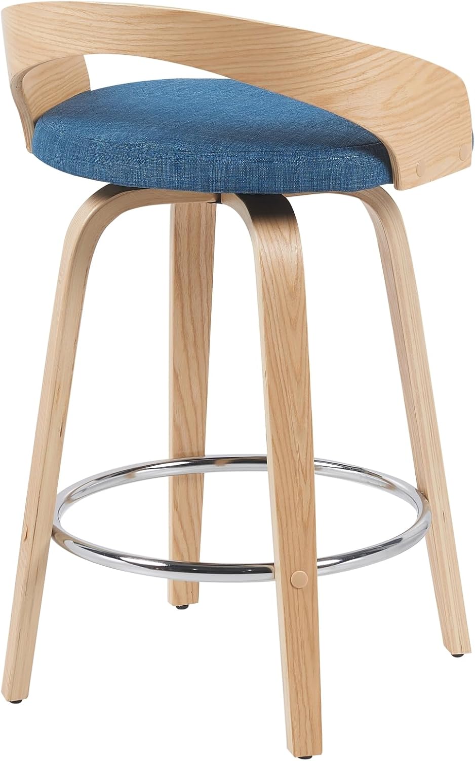 Armen Living Sonia Modern Swivel Counter Height Bar Stool with Blue Upholstered Seat and Patterned Oak Wood Finish