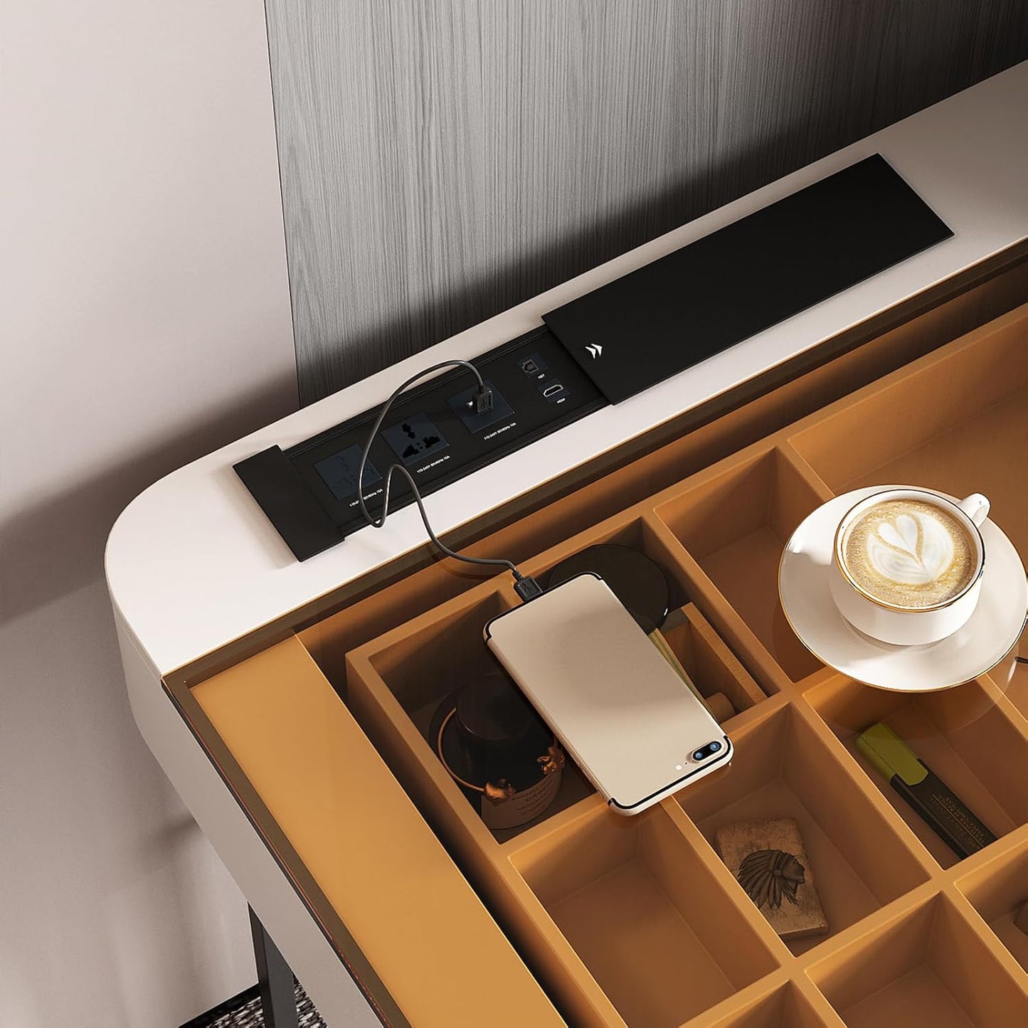 Lartis Office Desk with Drawer - Writing Desk with Intelligent Socket Computer Desk with USB Port Compartmentalized Storage for Home Office Working Gaming