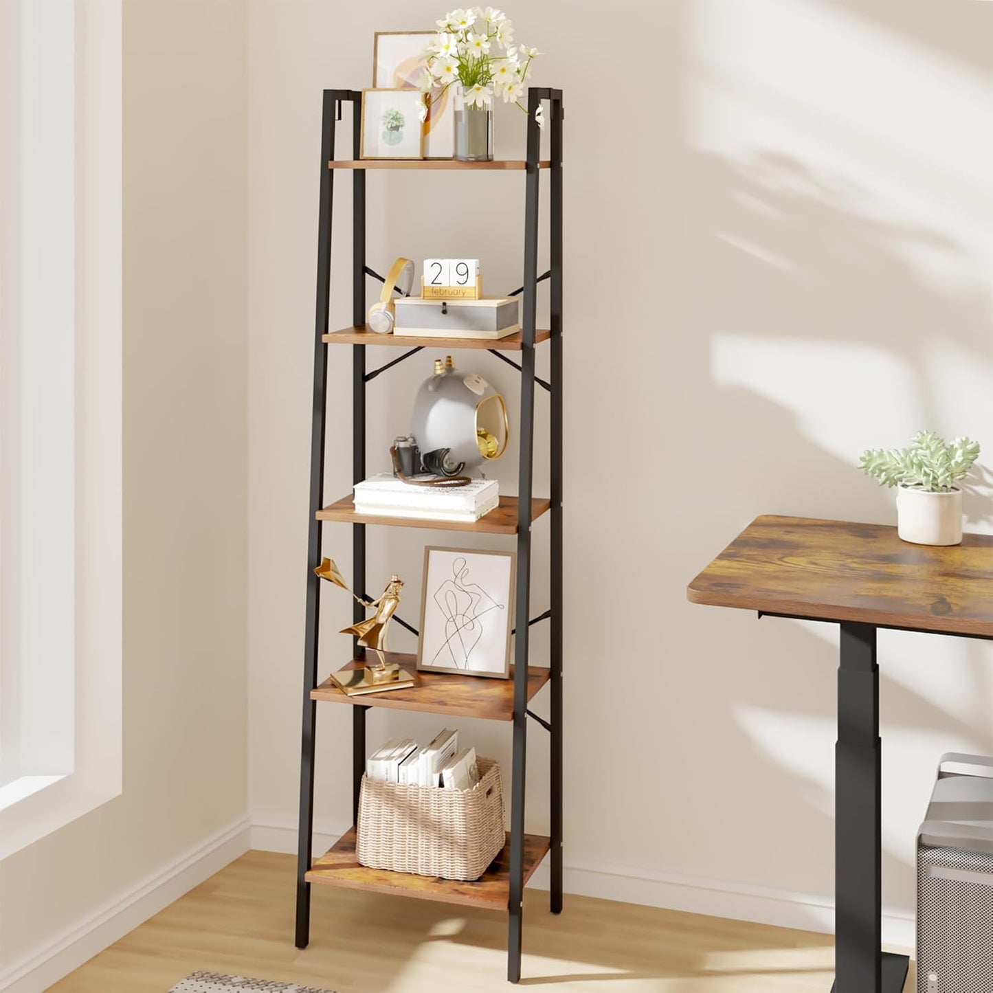 Ladder Shelf, Bookshelf Bookcase, Freestanding Corner Storage Shelve with 2 Hooks for Home Office, Living Room, Kitchen, Bedroom, Industrial, 5-Tier Rustic Brown BC19201B