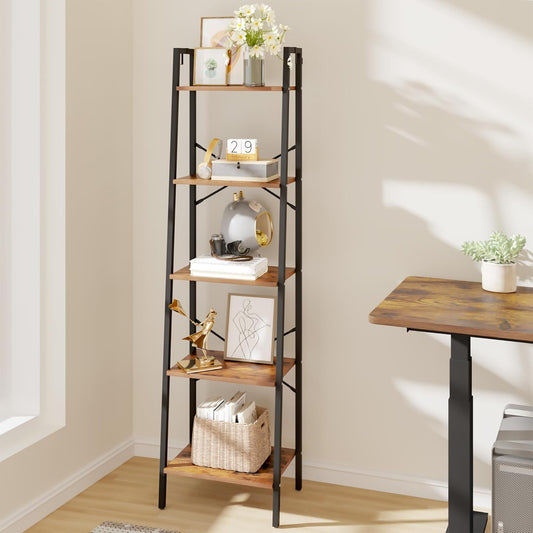 Ladder Shelf, Bookshelf Bookcase, Freestanding Corner Storage Shelve with 2 Hooks for Home Office, Living Room, Kitchen, Bedroom, Industrial, 5-Tier Rustic Brown BC19201B
