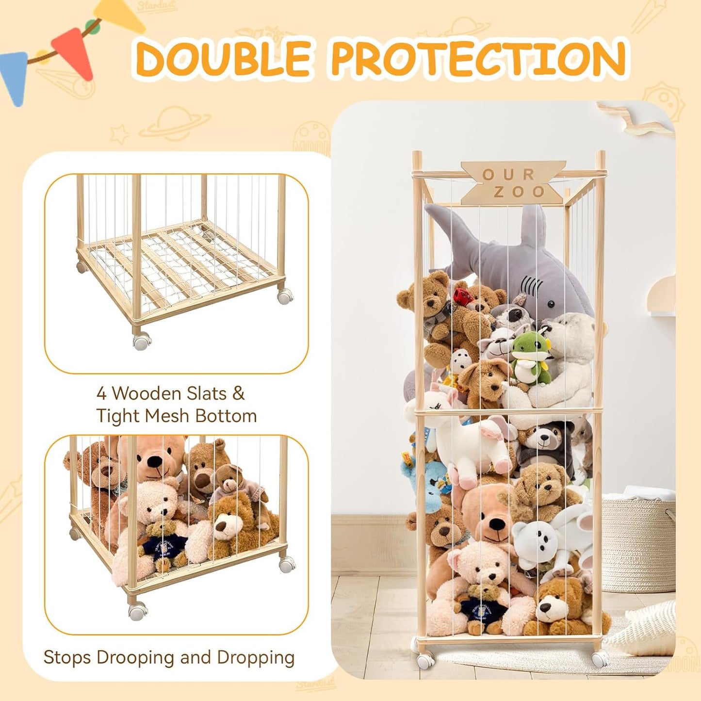 Stuffed Animal Storage Zoo with Wheels, Wooden Large Stuff Animals Plushies Holder Toy Organizer Kids Plush Storage Cage with Elastic Band and Net for Nursery Playroom Corner for Toddler