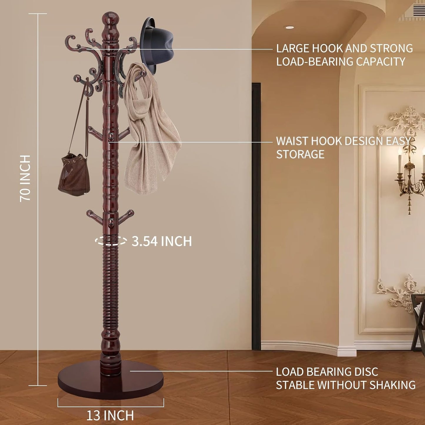 Wood Coat Rack Stand, Vintage Wooden Coat Rack Freestanding with Sturdy Round Base,Classic Coat Racks with 14 Hooks, Natural Birch Wood Standing Coat for Entryway (Vintage Round chassis)