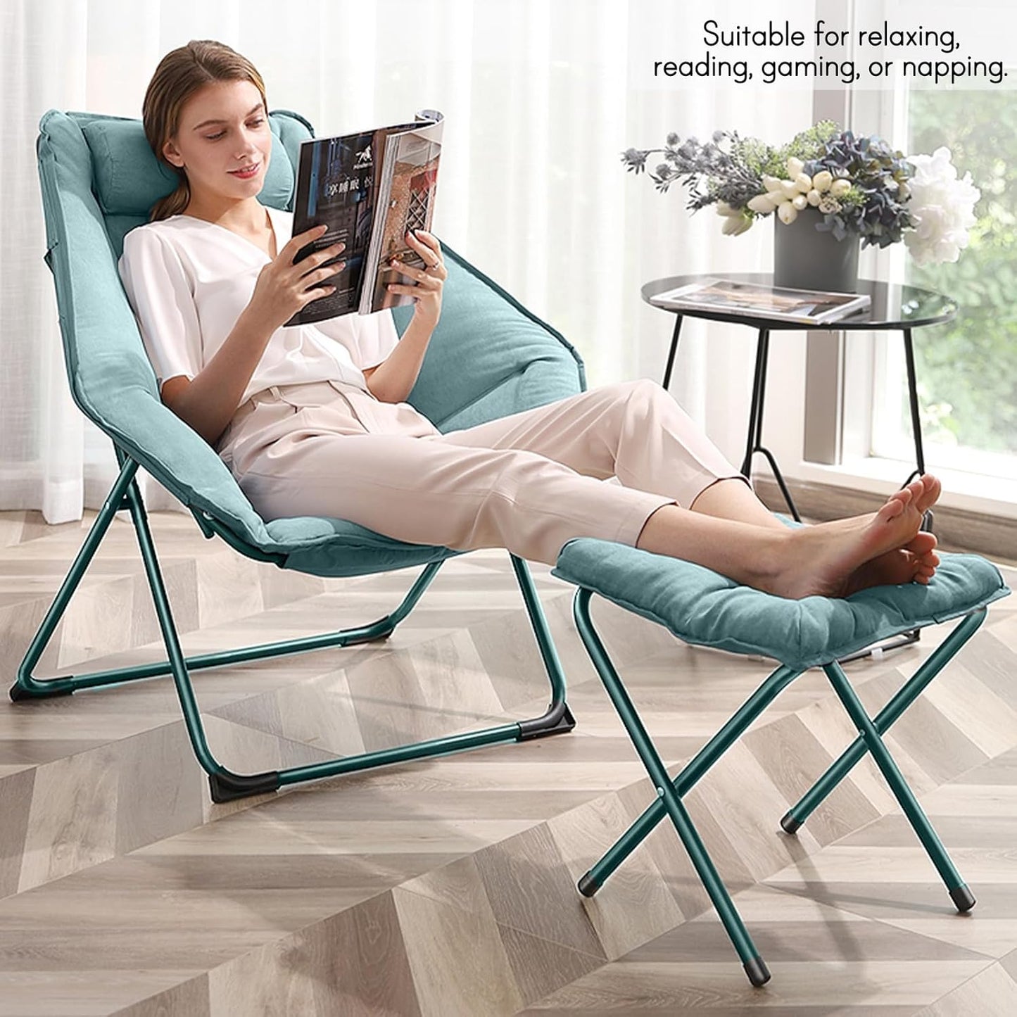 Hexagon Foldable Living Room Chair, Saucer Chair for Adults, Comfy Bedroom Lounge Chair, Moon Chair, Lazy Folding Chair for Dorm Rooms(Ottoman-Green)