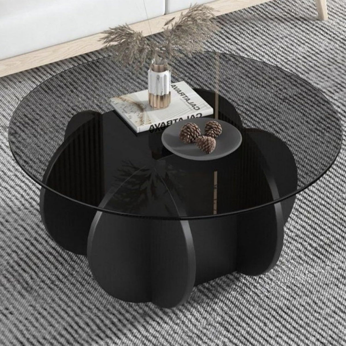 Black Coffee Table, 31.5" Round Glass Coffee Table for Living Room Mid Century Modern Coffee Table Unique Circle Center Table with Wood Base
