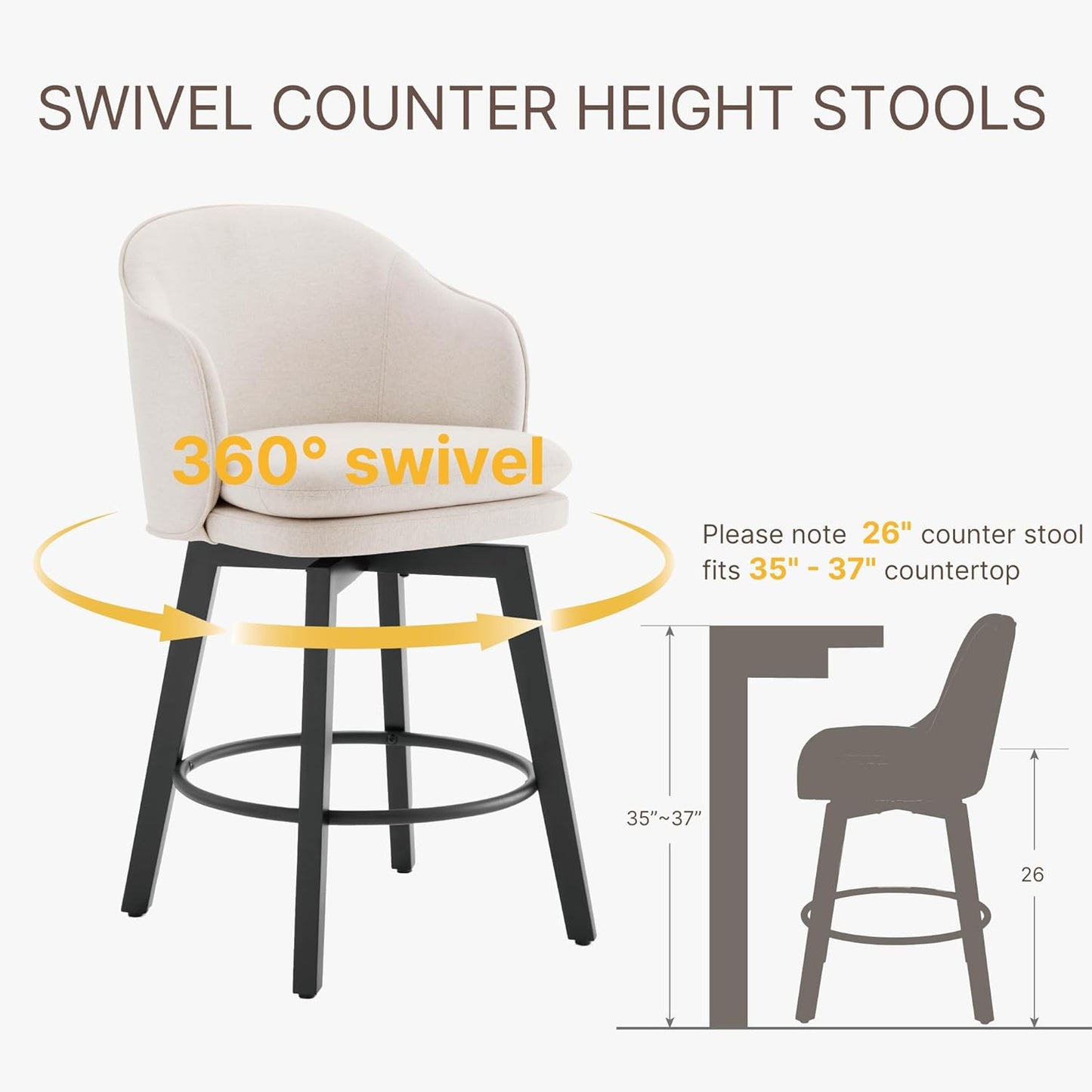 Counter Height Barstools 26 inch Upholstered Swivel Bar Stools with Back and Wood Legs for Kitchen Island,Set of 4,Beige Fabric