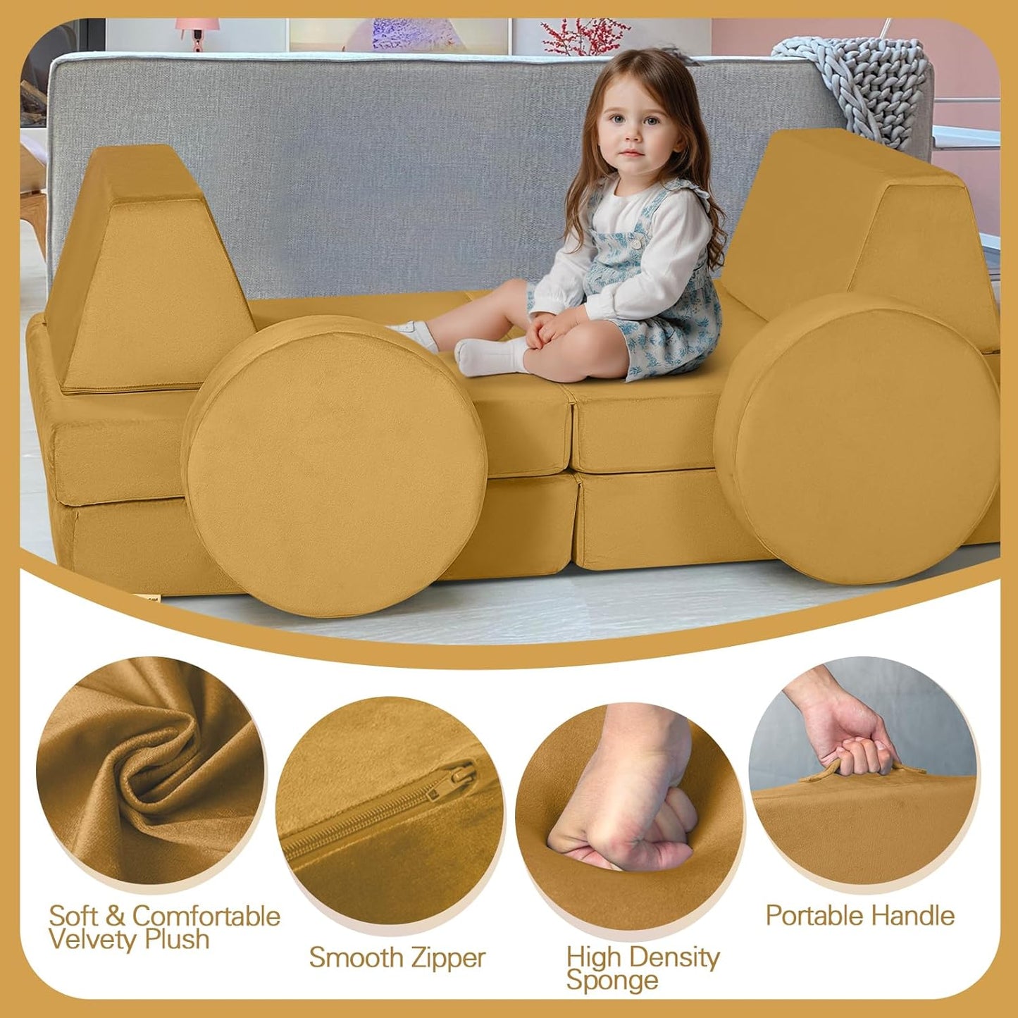 MeMoreCool Modular Kids Couch Sofa, Mustard 8-Piece Convertible Foam Play Couch Set for Toddlers and Playroom