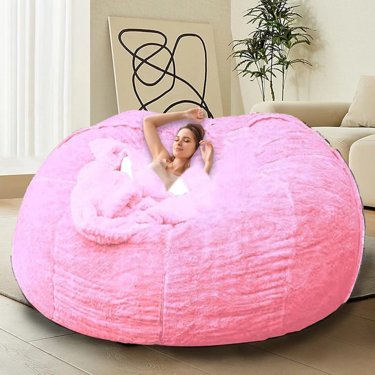 Bean Bag Chair for Adults Kids Without Filling Comfy Oversized Round Beanbag Chair for Stuffed Animal Storage Bedroom Living Room Chairs, 6FT, Pink